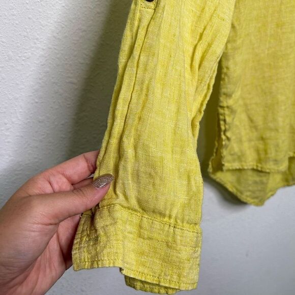 Sigrid Olsen Women’s Yellow Linen Roll Tab Long Sleeve V Neck Top Size S - Picture 4 of 9